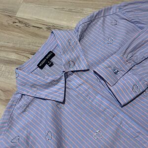 Blue & pink striped button-up with rhinestone hearts all over